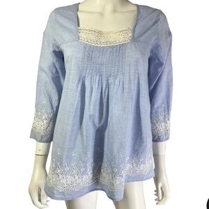 Roberta Roller Rabbit Peasant Blouse Tunic Top Blue White Embroidered Sz M